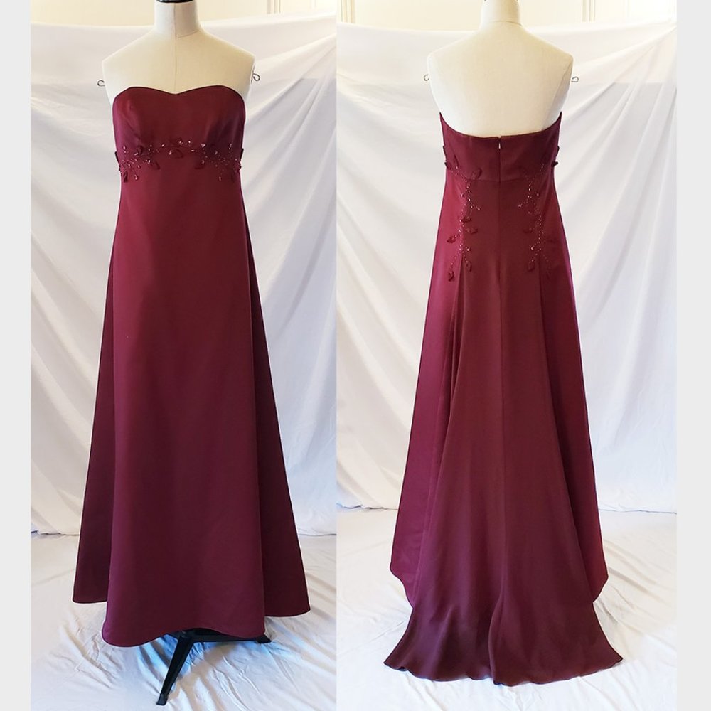 Burgundy dark red strapless train ballgown prom bridal dress 6